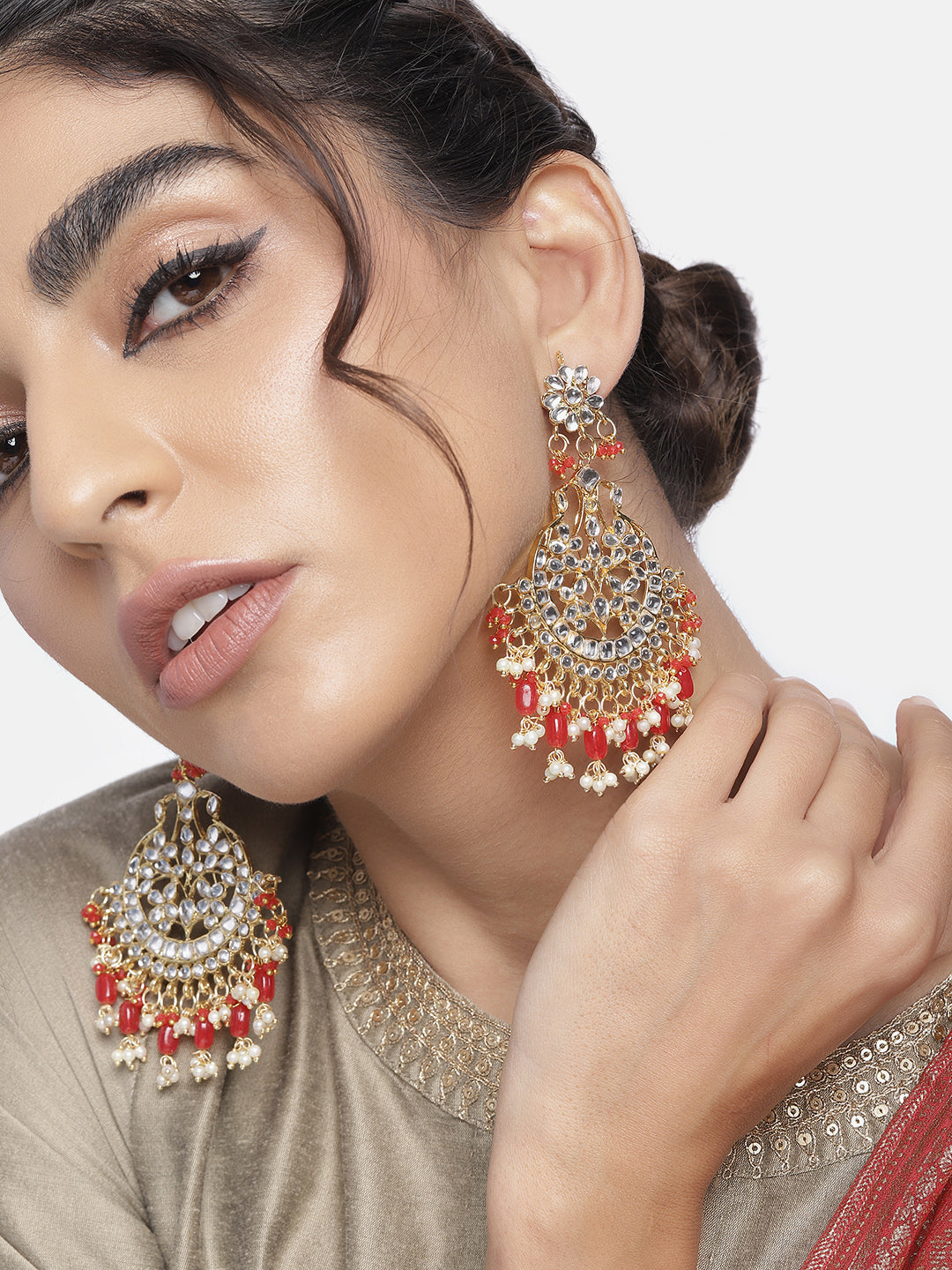 Women's 18K Gold Plated Traditional Handcrafted Pearl Kundan Beaded Earrings (E3013R)