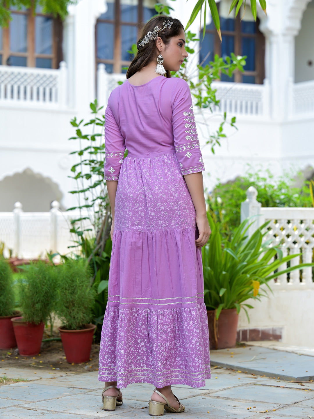 Women's Lavender Embroidery Cotton Pleated Dress