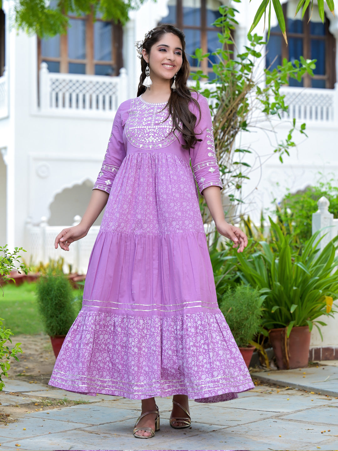 Women's Lavender Embroidery Cotton Pleated Dress