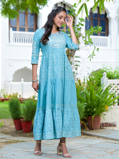 Women's Sage Blue Embroidery Cotton Pleated Dress