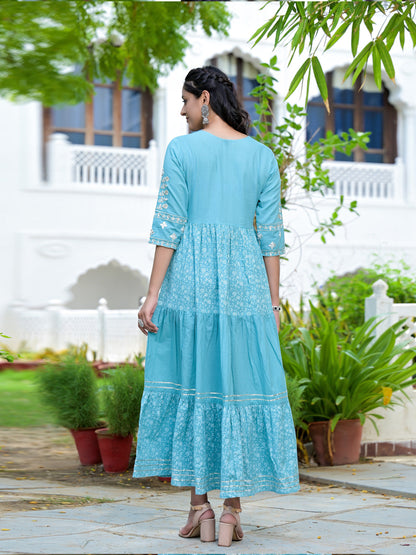 Women's Sage Blue Embroidery Cotton Pleated Dress