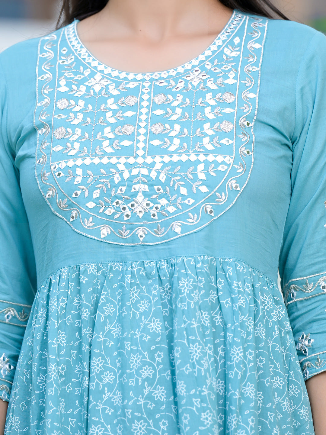 Women's Sage Blue Embroidery Cotton Pleated Dress