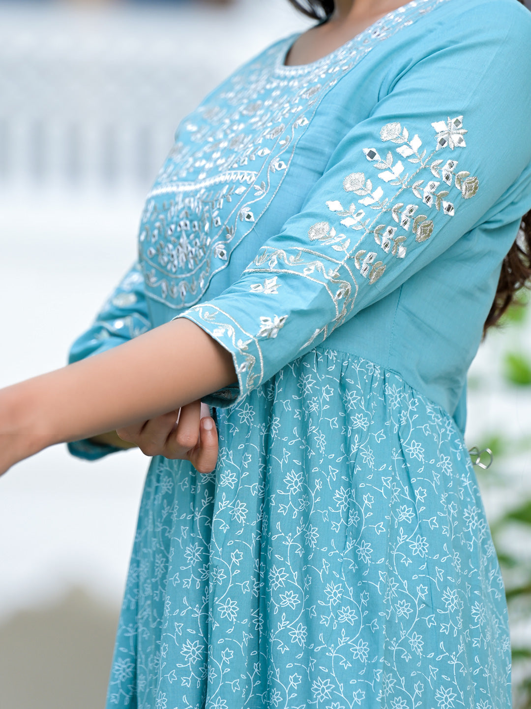 Women's Sage Blue Embroidery Cotton Pleated Dress