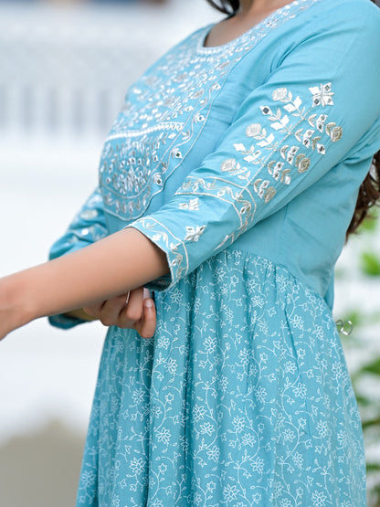 Women's Sage Blue Embroidery Cotton Pleated Dress
