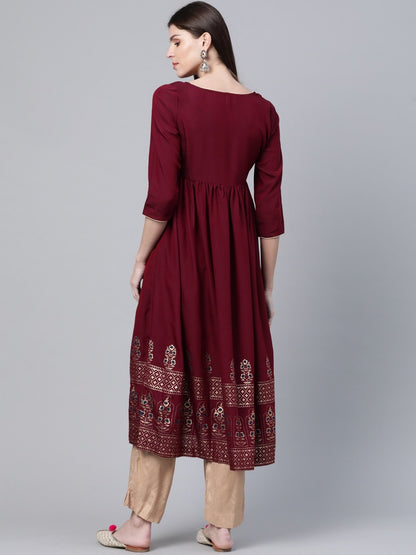 Women's  Maroon & Golden Printed Hem Empire A-Line Kurta
