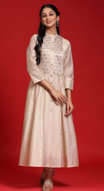 Women's Beige Chanderi Embellished Layered Anarkali Kurta