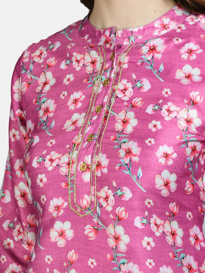 Women Pink Silk Printed Kurta by Myshka (