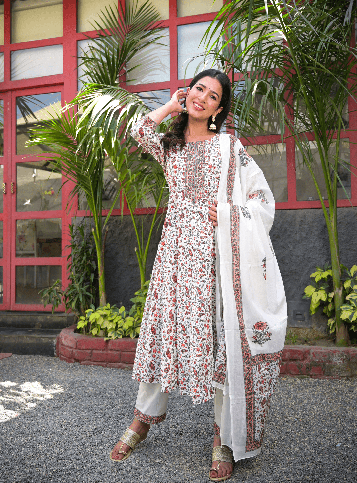 Women's White Handblock Dupatta Set