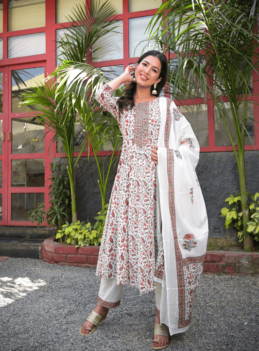 Women's White Handblock Dupatta Set