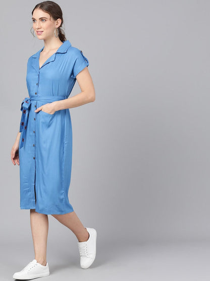 Women's  Blue Solid Shirt Dress With Belt