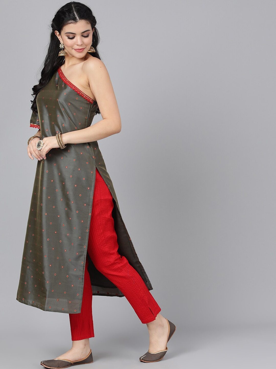 Women's  Olive Brown & Red Woven Design One Shoulder Straight Kurta