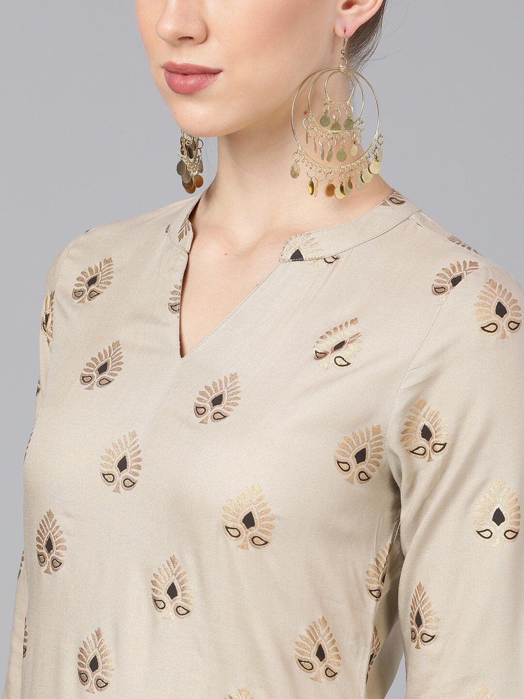 Women's  Nude-Coloured & Brown Foil Printed Kurta with Palazzos