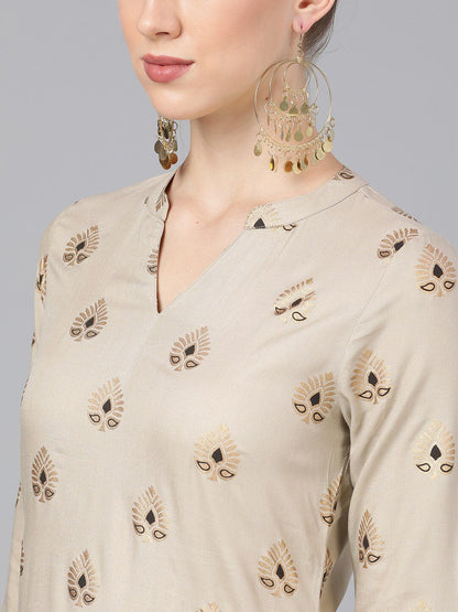 Women's  Nude-Coloured & Brown Foil Printed Kurta with Palazzos