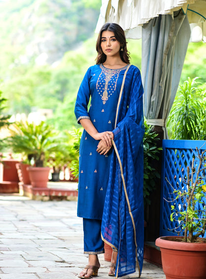 Women's Teal Blue Embroidered Dupatta Set