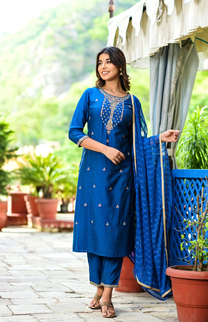Women's Teal Blue Embroidered Dupatta Set