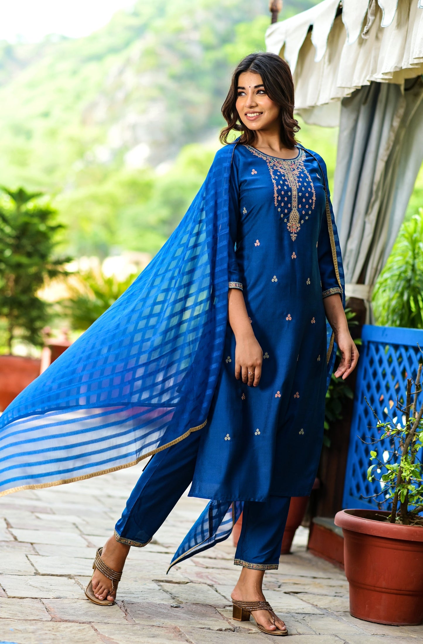 Women's Teal Blue Embroidered Dupatta Set