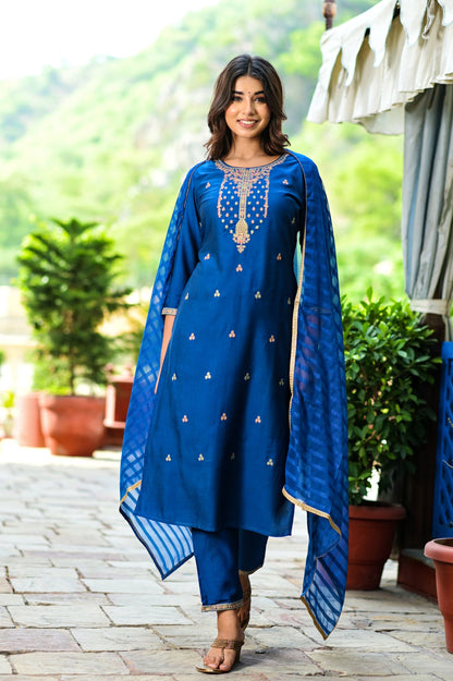 Women's Teal Blue Embroidered Dupatta Set