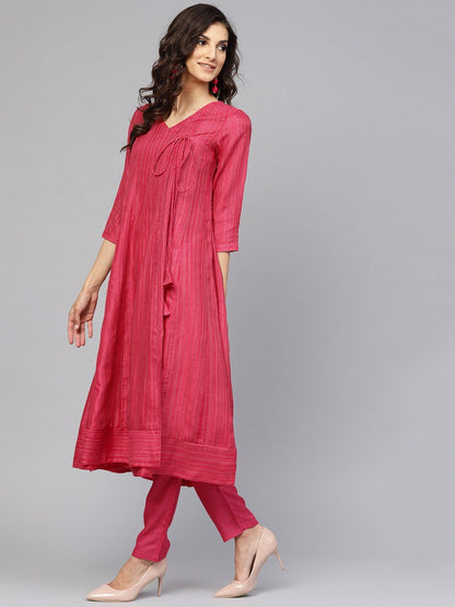 Women's  Pink Striped Angrakha A-Line Kurta