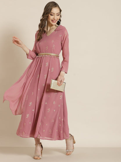 Women's Rosegold Georgette Printed Flared Gown
