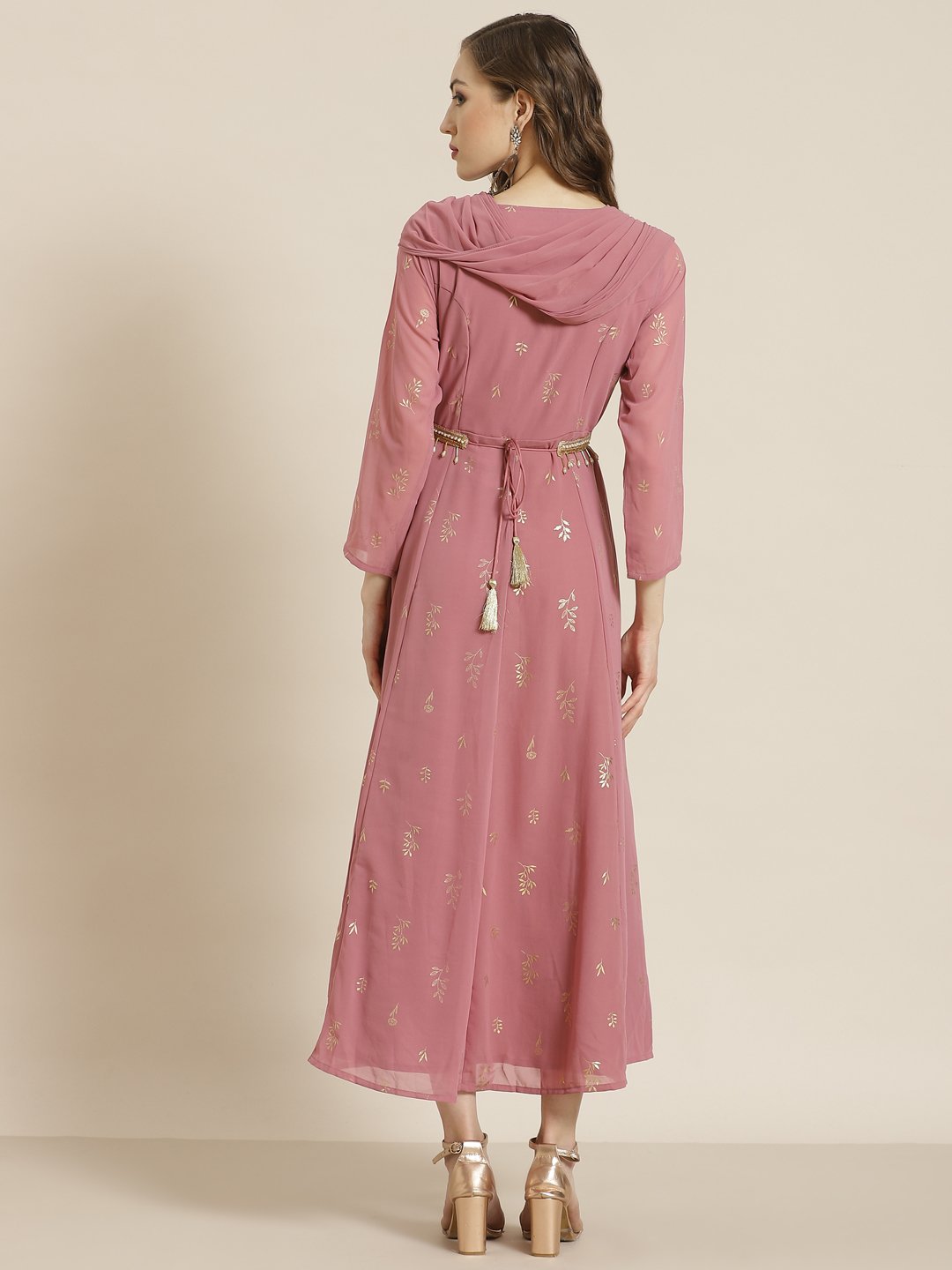 Women's Rosegold Georgette Printed Flared Gown