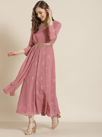 Women's Rosegold Georgette Printed Flared Gown