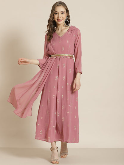 Women's Rosegold Georgette Printed Flared Gown