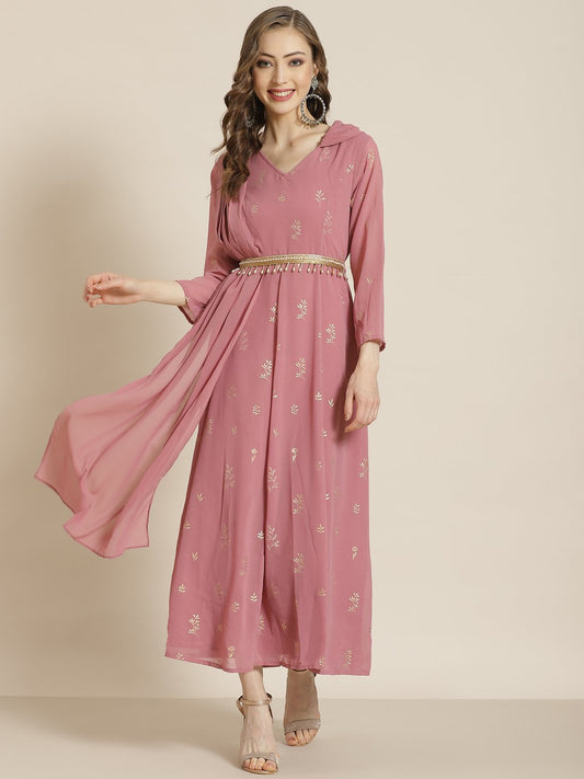 Women's Rosegold Georgette Printed Flared Gown