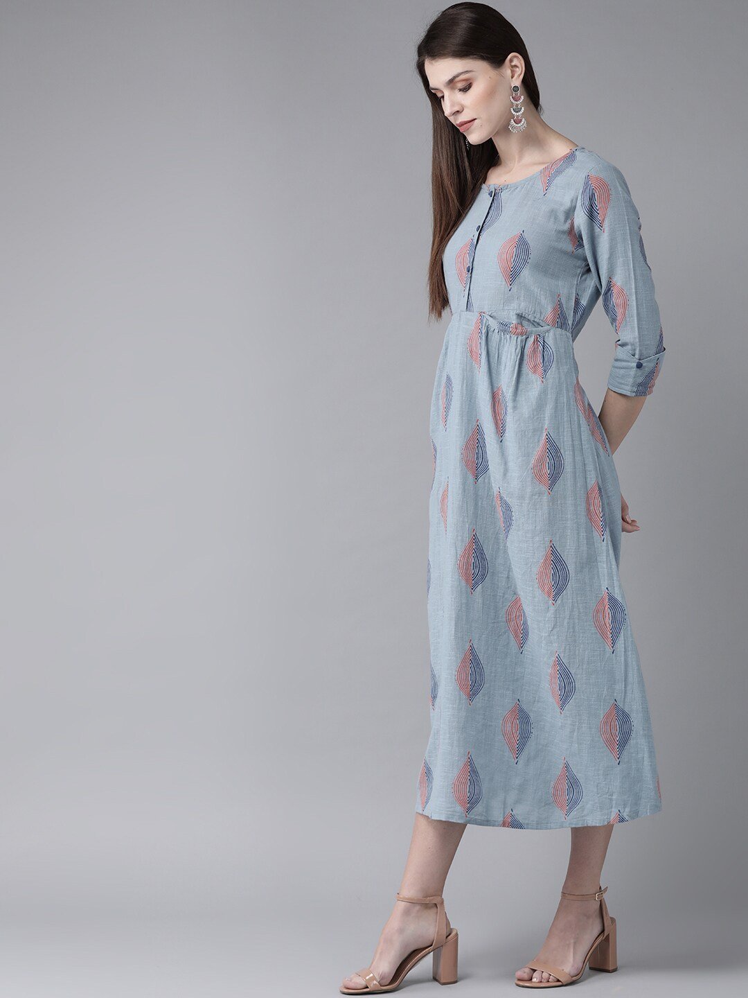 Women's  Blue & Orange Printed A-Line Dress