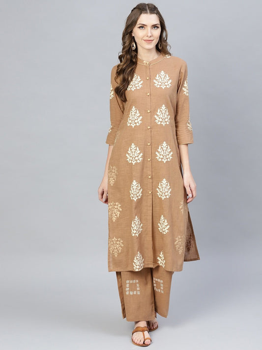 Women's  Brown & Off-White Khari Print Kurta with Palazzos