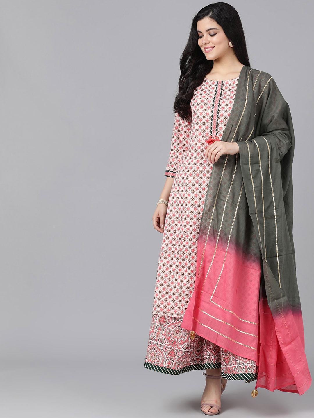 Women's  Peach-Coloured & Grey Printed Kurta with Skirt & Dupatta