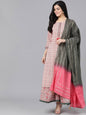 Women's  Peach-Coloured & Grey Printed Kurta with Skirt & Dupatta