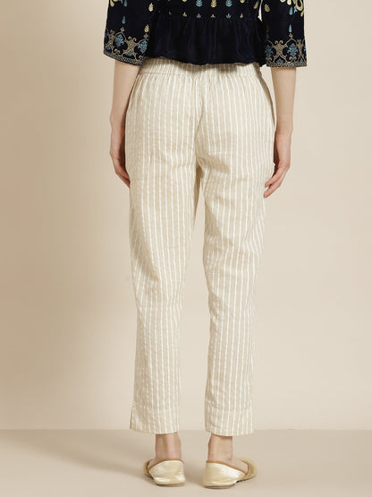 Women's Natural Cotton Striped Trousers with Hair-band