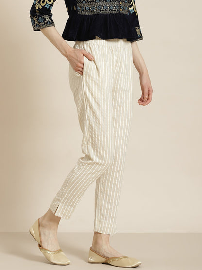 Women's Natural Cotton Striped Trousers with Hair-band