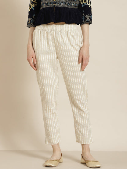 Women's Natural Cotton Striped Trousers with Hair-band