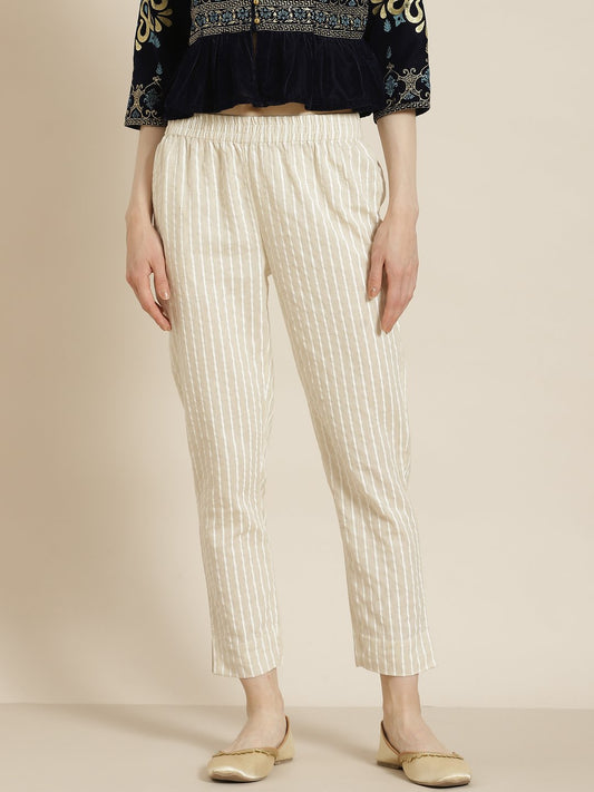 Women's Natural Cotton Striped Trousers with Hair-band
