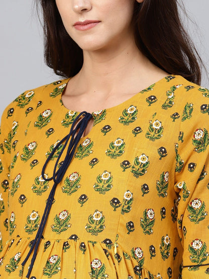 Women's  Mustard Yellow & Green Printed A-Line Maternity Kurta