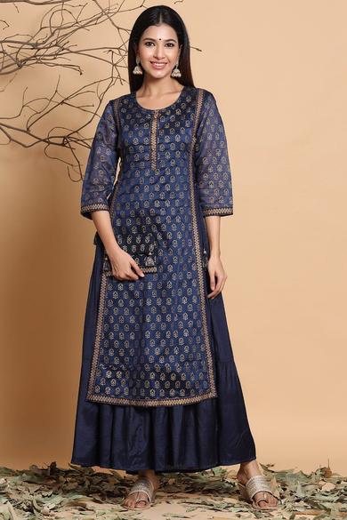 Navy Chanderi Silk Printed Layered Kurta Dress With Purse & Hair-Band
