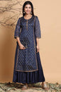 Navy Chanderi Silk Printed Layered Kurta Dress With Purse & Hair-Band