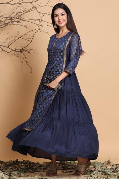 Navy Chanderi Silk Printed Layered Kurta Dress With Purse & Hair-Band