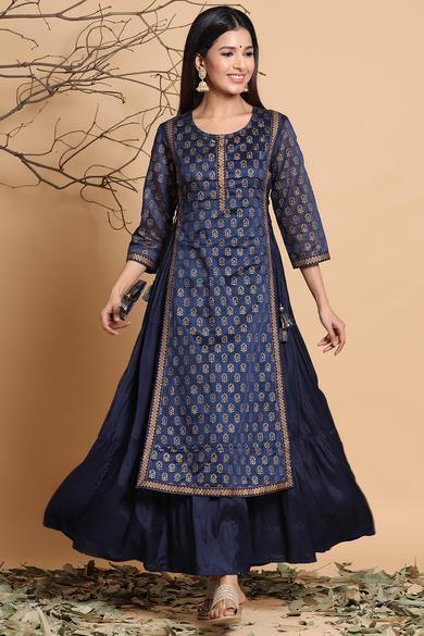 Navy Chanderi Silk Printed Layered Kurta Dress With Purse & Hair-Band