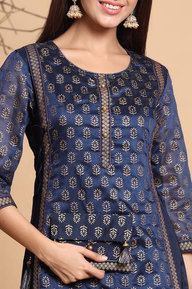 Navy Chanderi Silk Printed Layered Kurta Dress With Purse & Hair-Band