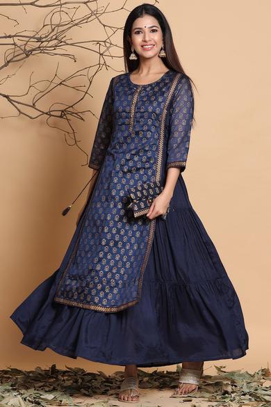 Navy Chanderi Silk Printed Layered Kurta Dress With Purse & Hair-Band