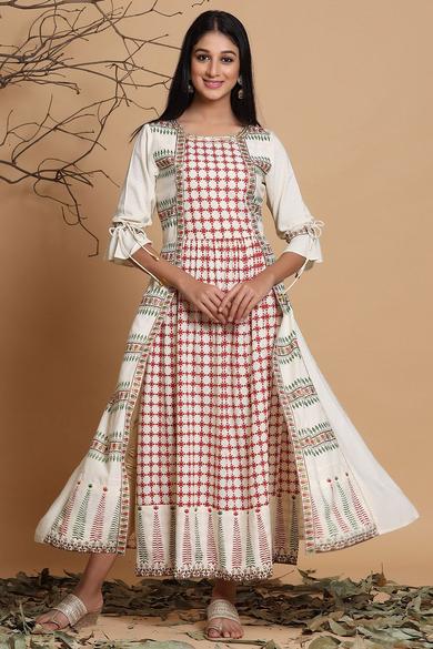 Ivory Rayon Printed A-Line Dress With Mask