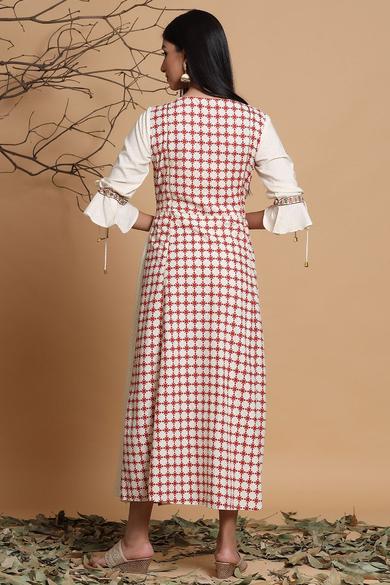 Ivory Rayon Printed A-Line Dress With Mask