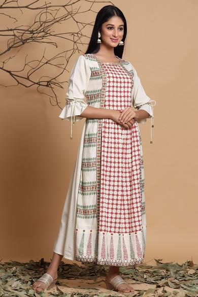 Ivory Rayon Printed A-Line Dress With Mask
