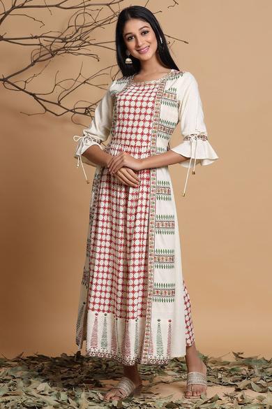 Ivory Rayon Printed A-Line Dress With Mask