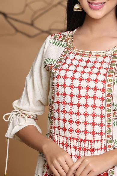 Ivory Rayon Printed A-Line Dress With Mask