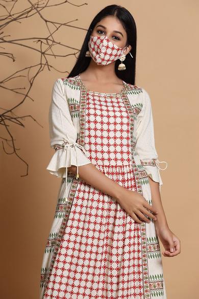 Ivory Rayon Printed A-Line Dress With Mask