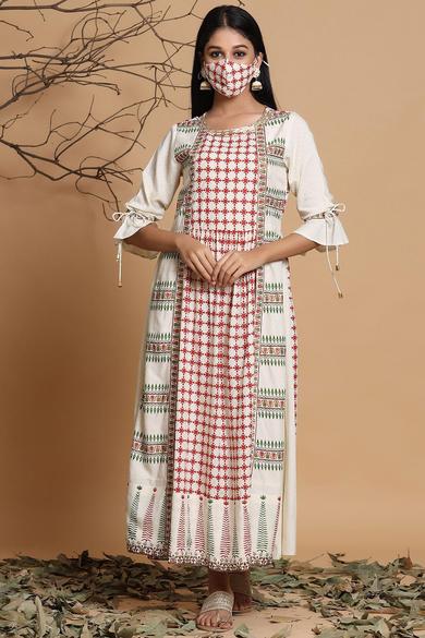Ivory Rayon Printed A-Line Dress With Mask