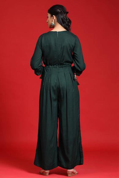 Jadegreen Rayon Slub Embroidered Jumpsuit With Mask